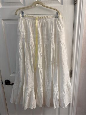 Women's White Tiered Maxi Skirt with Yellow Drawstring